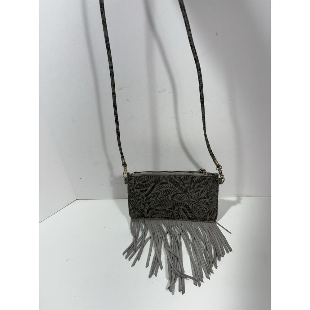 Free People Fringe Boho Western CrossBody Embossed Leather Purse Bag Gray/black